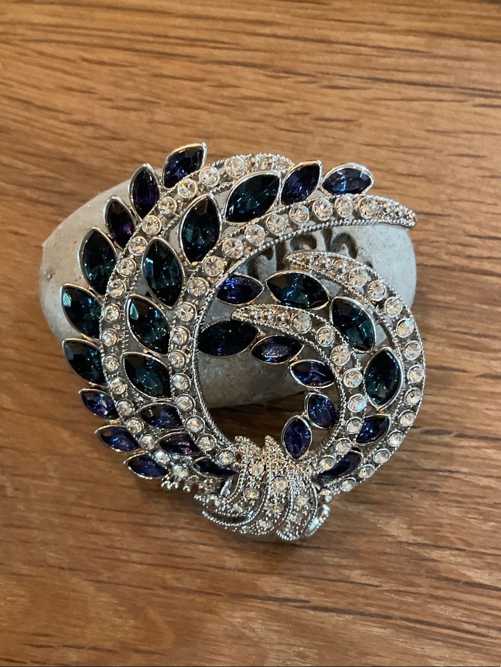 Avon 120th Anniversary Silver Tone Blue Purple And Clear Rhinestone Swirl Brooch